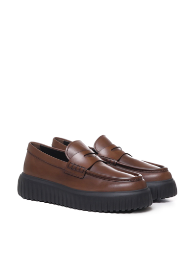 Shop Hogan H-stripes Loafers In Brown