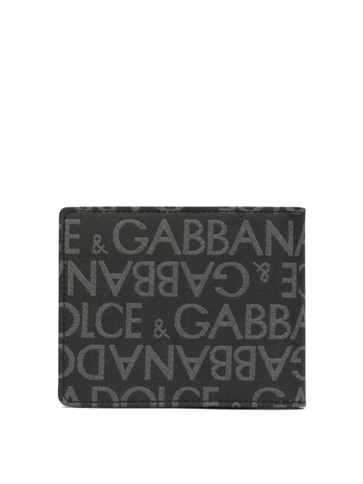 Dolce & Gabbana Coated Canvas Wallet With With All-over Logo In Black