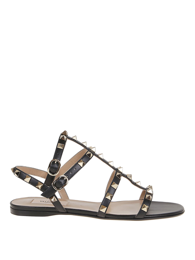 Valentino Garavani Rockstud Flat Calfskin Sandal With Straps Woman Black 40 In Black