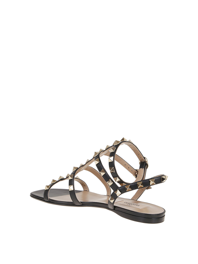 Valentino Garavani Rockstud Flat Calfskin Sandal With Straps Woman Black 40 In Black