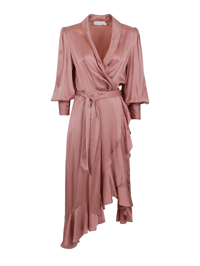 Shop Zimmermann Silk Wrap Midi Dress In Rosado