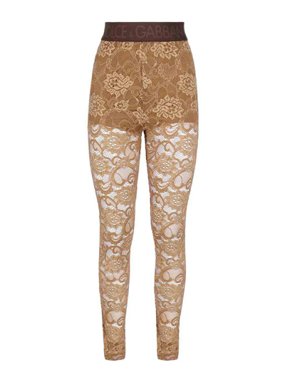 Shop Dolce & Gabbana Lace Leggings With Logoed Elastic In Beis