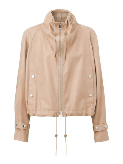 Shop Burberry Cropped Leather Jacket In Beis