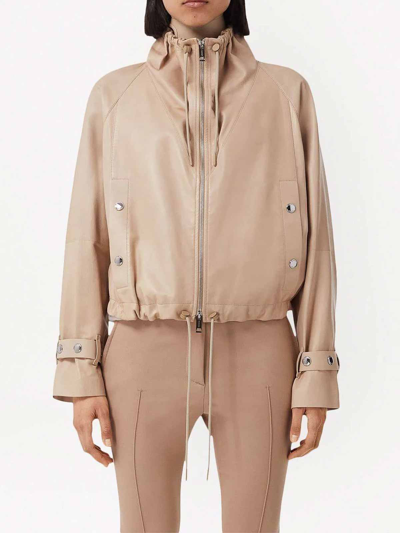 Shop Burberry Cropped Leather Jacket In Beis