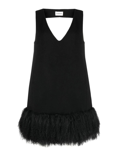 P.a.r.o.s.h Shearling Trim Sleeveless V-neck Minidress In Negro