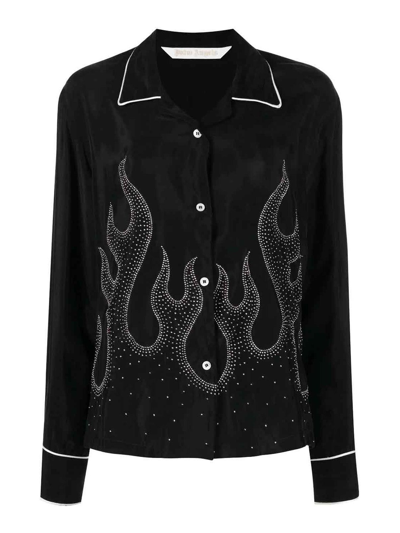 Palm Angels Flame-embroidered Shirt Crystal Embellishments In Black