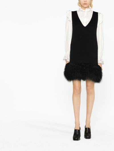 P.a.r.o.s.h Shearling Trim Sleeveless V-neck Minidress In Negro