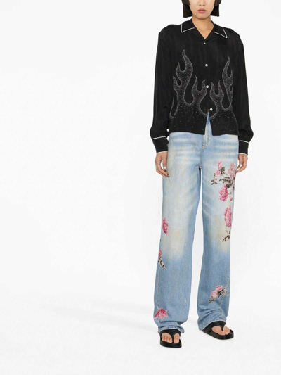 Palm Angels Flame-embroidered Shirt Crystal Embellishments In Black