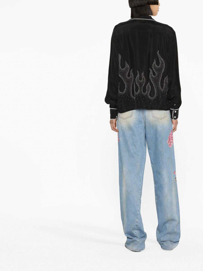 Palm Angels Flame-embroidered Shirt Crystal Embellishments In Black