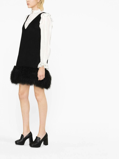 P.a.r.o.s.h Shearling Trim Sleeveless V-neck Minidress In Negro