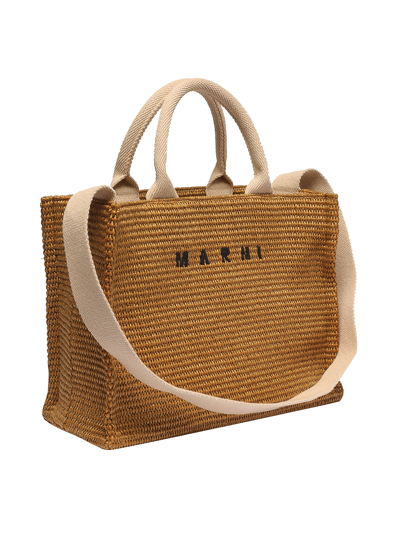 Marni Raffia-effect Canvas Small Tote Bag In Brown