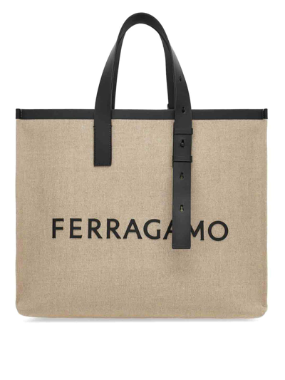 Shop Ferragamo Logo Canvas Tote In Beige
