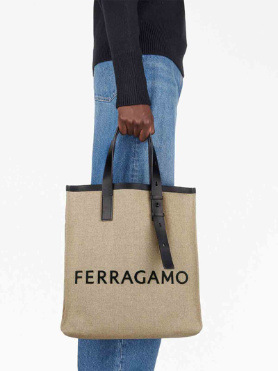 Shop Ferragamo Logo Canvas Tote In Beis