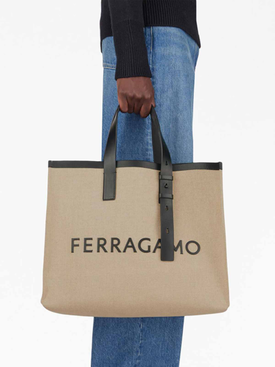 Shop Ferragamo Logo Canvas Tote In Beige