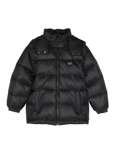 Dolce & Gabbana Boys Black Hooded Puffer Jacket In Negro