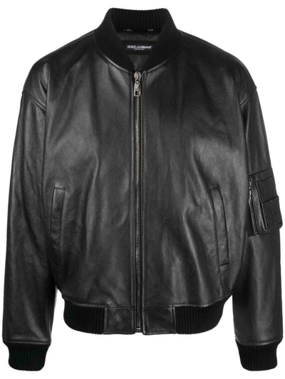 Dolce & Gabbana Leather Zip-up Bomber Jacket In Beige