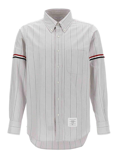 Thom Browne Vertical Stripe Long-sleeve Shirt With Tricolor Detail In Grey