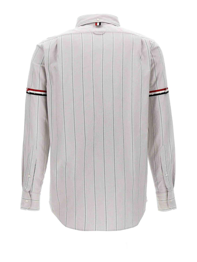 Thom Browne Vertical Stripe Long-sleeve Shirt With Tricolor Detail In Grey
