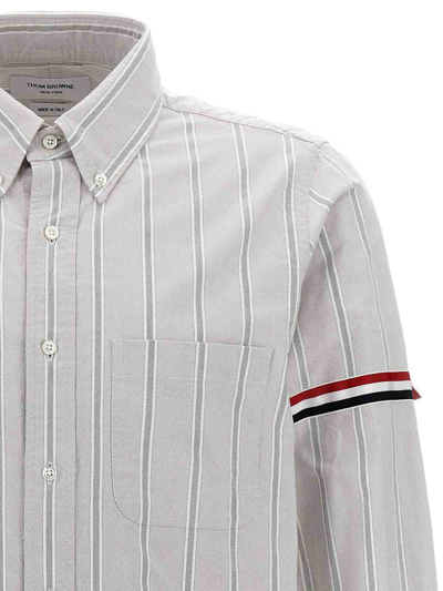 Thom Browne Vertical Stripe Long-sleeve Shirt With Tricolor Detail In Grey