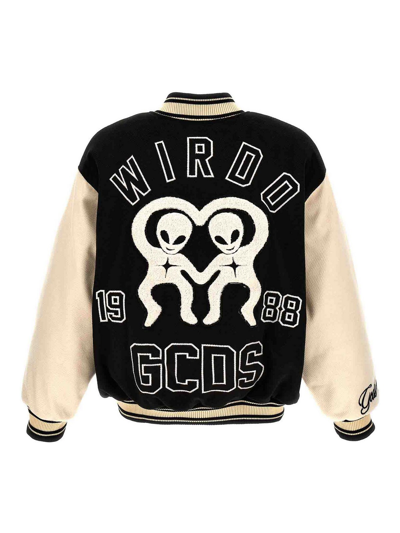 Gcds Varsity Bomber Jacket Contrast Sleeves In Black