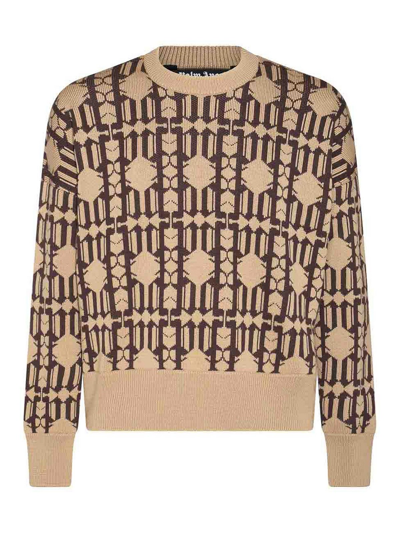 Palm Angels Embroidered Allover Monogram Jacquard Sweater In Beige