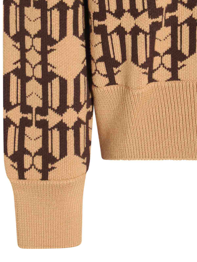 Palm Angels Embroidered Allover Monogram Jacquard Sweater In Beige