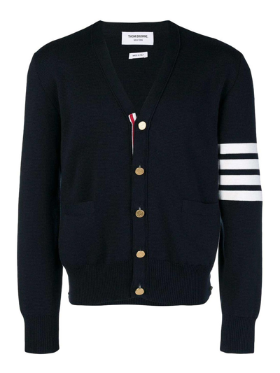 Shop Thom Browne Milano Stitch V Neck Cardigan In Cotton Crepe In Dark Blue