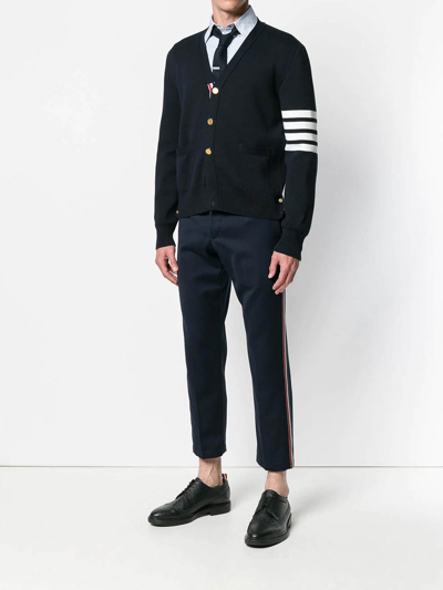 Shop Thom Browne Milano Stitch V Neck Cardigan In Cotton Crepe In Dark Blue