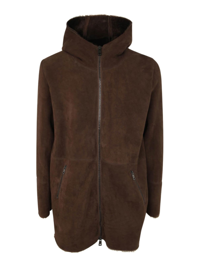 Shop Giorgio Brato Sheepskin Long Coat With Hood In Brown
