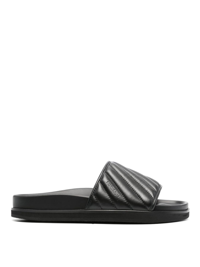 Shop Off-white Diag-stripe Leather Sliders In Negro