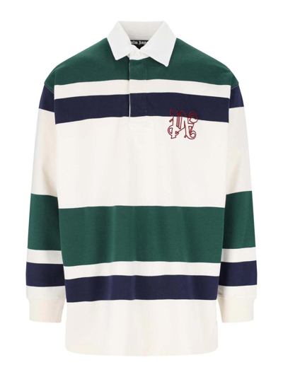 Palm Angels Beige Monogram Long Sleeve Polo In White