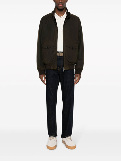 Baracuta Dark Green Cotton Bomber Jacket With Fleece Lining And Flap Pockets In Brown