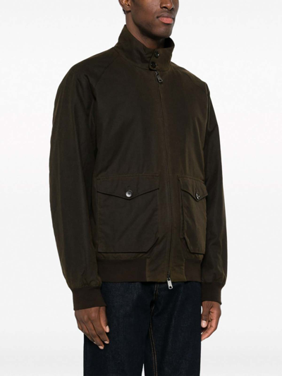 Baracuta Dark Green Cotton Bomber Jacket With Fleece Lining And Flap Pockets In Brown