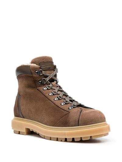 Santoni Lace-up Leather Ankle Boots In Brown
