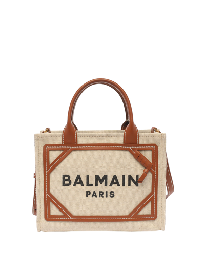 Shop Balmain B-army Logo Bag With Leather Details In Beige