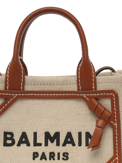 Shop Balmain Cotton- Linen B-army Bag With Leather Details In Beige