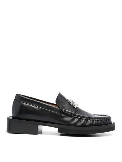 Shop Ganni Rginestone Logo Leather Loafers In Black