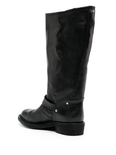 Golden Goose High Biker Boots In Black Leather With Silver Studs And Buckles In Negro