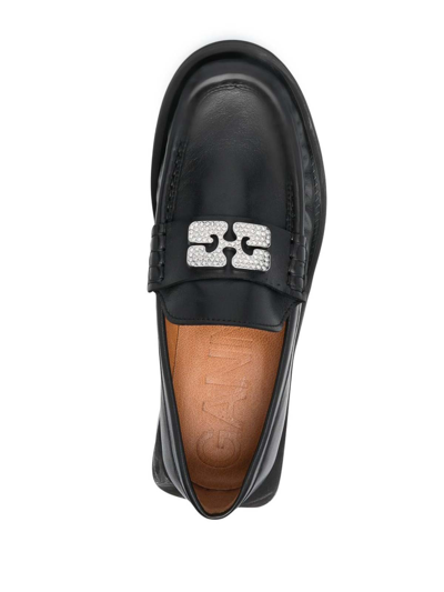 Shop Ganni Rginestone Logo Leather Loafers In Black