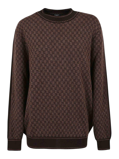 Shop Balmain Mini Monogram Jacquard Knitted Pullover In Brown