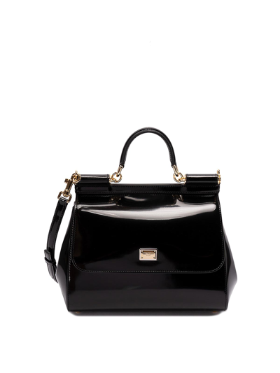 Shop Dolce & Gabbana Polished Leather Medium `sicily` Bag In Black