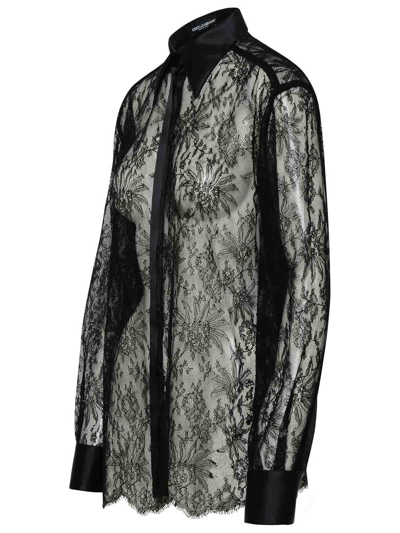 Dolce & Gabbana Chantilly Lace Satin Trim Button Down Shirt In Black