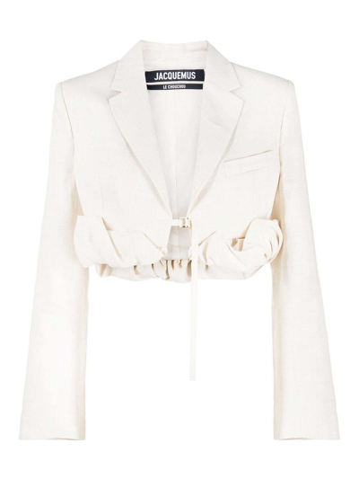Jacquemus Croissant Cropped Linen-blend Jacket In Beige