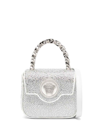 Shop Versace Crystal La Medusa Mini Bag In Grey