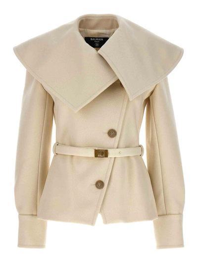 Shop Balmain Double-breasted Short Coat In Blanco
