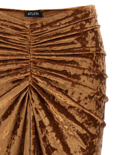 Shop Atlein Crushed Velvet Long Skirt In Brown