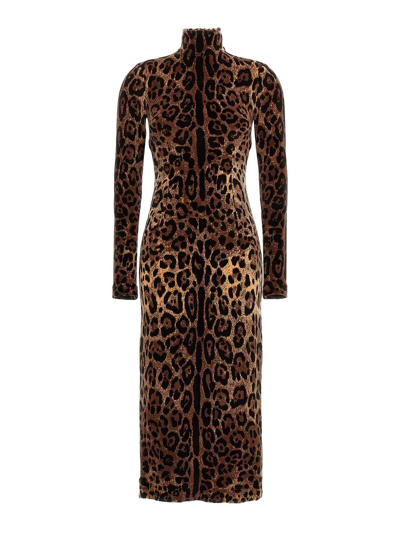Shop Dolce & Gabbana Animal Print Midi Dress In Brown