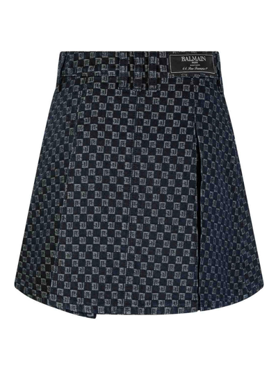 Shop Balmain Navy Cotton Monogram Mini Skirt In Negro