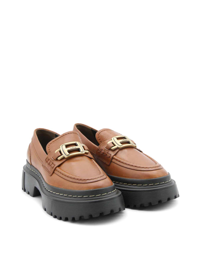 Shop Hogan Brown Leather H619 Loafers
