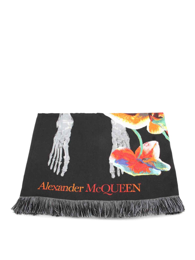 Shop Alexander Mcqueen Orchid Skeleton Scarf In Black